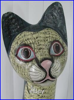 Large Vintage Carved Painted Wood Whimsical Cat Sculpture Statue 58 inch