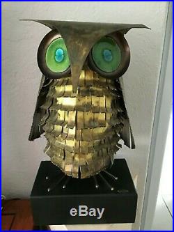 Large Vintage Curtis Jere Brass Owl Sculpture Ceramic eyes 1969