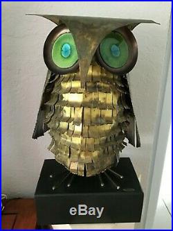 Large Vintage Curtis Jere Brass Owl Sculpture Ceramic eyes 1969