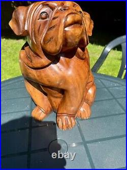 Large Vintage Hand Carved Solid Wood Bulldog Pug Dog Sculpture 30cm High 3.5kg