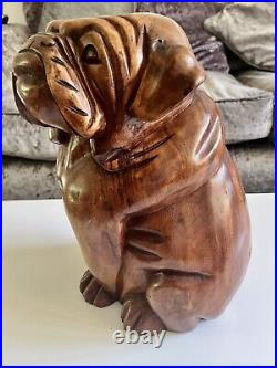 Large Vintage Hand Carved Solid Wood Bulldog Pug Dog Sculpture 30cm High 3.5kg