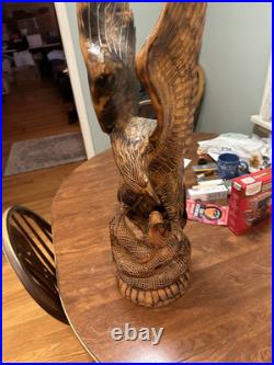 Large Vintage Hand Carved Wood American Eagle Vs Snake Sculpture Hand Made