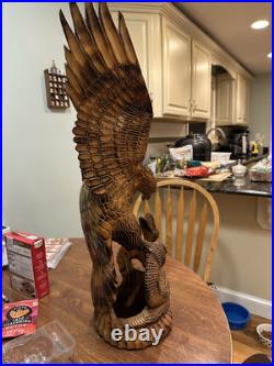 Large Vintage Hand Carved Wood American Eagle Vs Snake Sculpture Hand Made