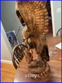 Large Vintage Hand Carved Wood American Eagle Vs Snake Sculpture Hand Made