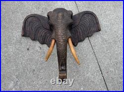 Large Vintage Hand Carved Wood Elephant Head Wall Sculpture 24 Tribal Folk Art