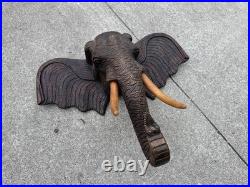 Large Vintage Hand Carved Wood Elephant Head Wall Sculpture 24 Tribal Folk Art