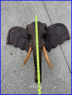 Large Vintage Hand Carved Wood Elephant Head Wall Sculpture 24 Tribal Folk Art