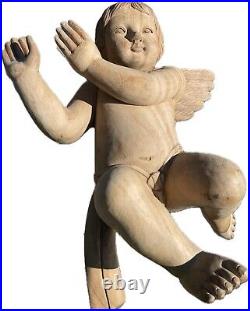 Large Vintage Holy Land Putti Angel Cherub Sculpture Hand Carved Olive Wood 18