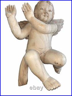 Large Vintage Holy Land Putti Angel Cherub Sculpture Hand Carved Olive Wood 18