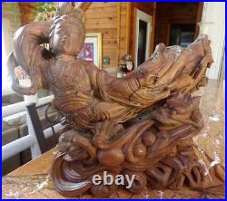 Large Vintage Japanese Carved Root-Wood Sculpture of a Woman & Dragon