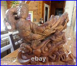 Large Vintage Japanese Carved Root-Wood Sculpture of a Woman & Dragon