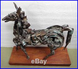 Large Vintage MCM Brutalist Abstract Metal Horse Sculpture on Wood Base