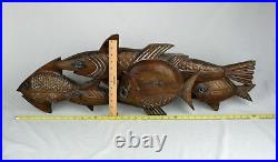 Large Vintage MCM School of Fish Carved Wood Sculpture Free Standing or Wall Art