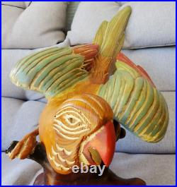Large Vintage Mid-century Modern Parrot Macaw Bird Hand Carved Wood Sculpture