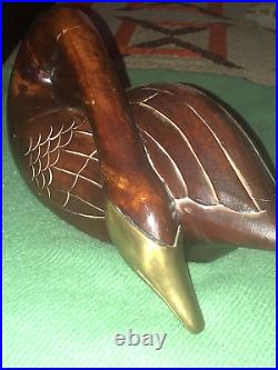 Large Vintage Midcentury Modern Wooden Swan Sculpture Goose Brass Beak 16 Wood
