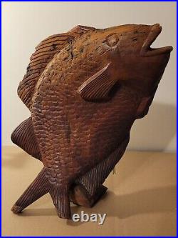 Large Vintage Post Modern Signed Hand Carved Wood Fish Sculpture Dated 1988