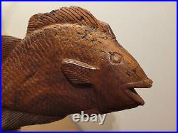 Large Vintage Post Modern Signed Hand Carved Wood Fish Sculpture Dated 1988