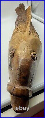 Large Vintage Signed VAN Hand Carved Wood Fish Sculpture