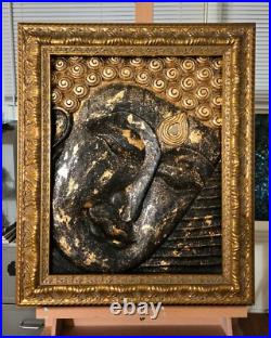Large Vintage Single Panel Hand Carved Gilded Wood Buddha Wall Sculpture, Framed