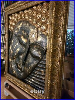 Large Vintage Single Panel Hand Carved Gilded Wood Buddha Wall Sculpture, Framed