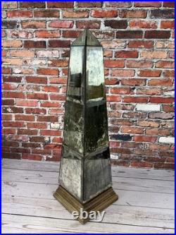 Large Vintage Style Antiqued Mirrored Obelisk Sculpture Wood Base Decorative