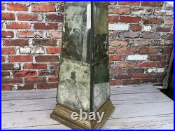 Large Vintage Style Antiqued Mirrored Obelisk Sculpture Wood Base Decorative