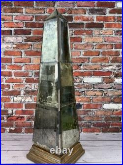 Large Vintage Style Antiqued Mirrored Obelisk Sculpture Wood Base Decorative