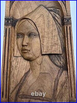 Large Wood Sculpture Portrait After Holbein Vintage Signed Carving Iconic 27