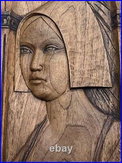 Large Wood Sculpture Portrait After Holbein Vintage Signed Carving Iconic 27