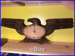 Large vtg Native American cedar wood carved eagle clock tribal whales sculpture