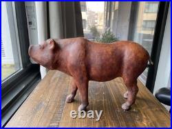 Leather Wood Pig Figurine Statuette Sculpture Glass Eyes Craftsmanship Vintage
