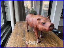 Leather Wood Pig Figurine Statuette Sculpture Glass Eyes Craftsmanship Vintage