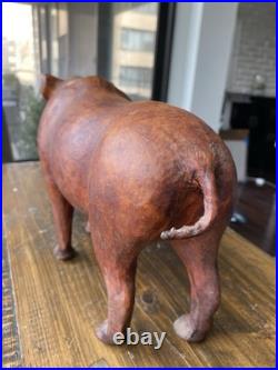 Leather Wood Pig Figurine Statuette Sculpture Glass Eyes Craftsmanship Vintage