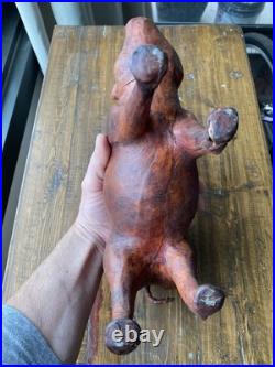 Leather Wood Pig Figurine Statuette Sculpture Glass Eyes Craftsmanship Vintage