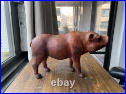 Leather Wood Pig Figurine Statuette Sculpture Glass Eyes Craftsmanship Vintage