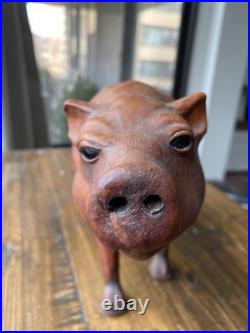Leather Wood Pig Figurine Statuette Sculpture Glass Eyes Craftsmanship Vintage