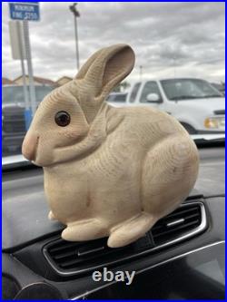 Leo Koppy Vintage Wood Rabbit Figurine Carving Sculpture with Glass Eyes Signed