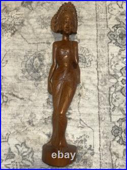 Lg Vintage Balinese Lady in Native Dress, Hand-Carved Wood Sculpture
