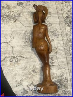 Lg Vintage Balinese Lady in Native Dress, Hand-Carved Wood Sculpture