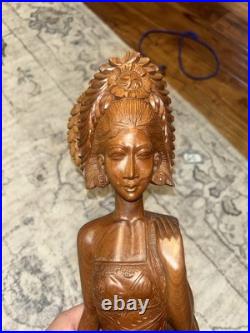 Lg Vintage Balinese Lady in Native Dress, Hand-Carved Wood Sculpture