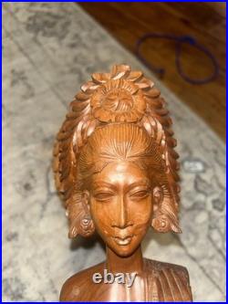 Lg Vintage Balinese Lady in Native Dress, Hand-Carved Wood Sculpture