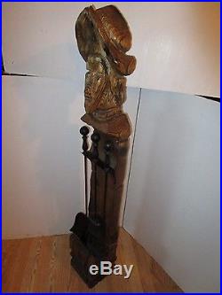 Lg Witco Wood carved Tiki Sculpture 50 fireplace stand with tools Mid century Vtg