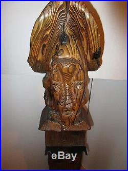 Lg Witco Wood carved Tiki Sculpture 50 fireplace stand with tools Mid century Vtg