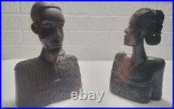 Lot Of 2 Vintage Handcarved wooden bust sculpture African black female /Male