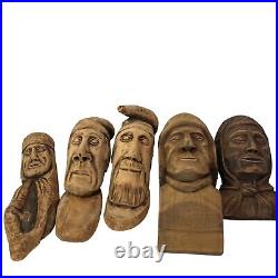 Lot of 5 Zbor Koscierzyna Handmade Wood Sculpting Faces Poland Vintage