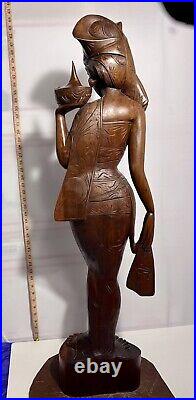 Lovely Large Vintage Asian Balinese Wood Carving Sculpture Woman 42 Inches Tall