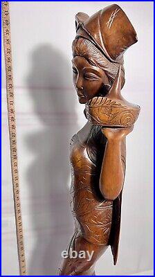 Lovely Large Vintage Asian Balinese Wood Carving Sculpture Woman 42 Inches Tall