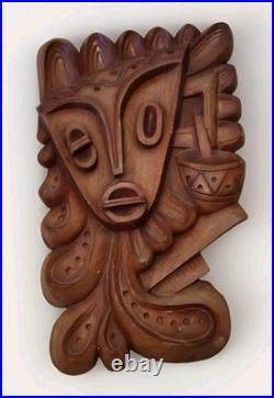 Luis Potosi Wood Carving Plaque 1995 Ecuador Abstract Musical Mask Art Vintage