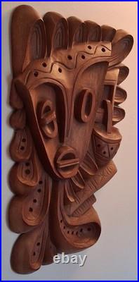 Luis Potosi Wood Carving Plaque 1995 Ecuador Abstract Musical Mask Art Vintage