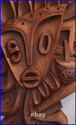 Luis Potosi Wood Carving Plaque 1995 Ecuador Abstract Musical Mask Art Vintage